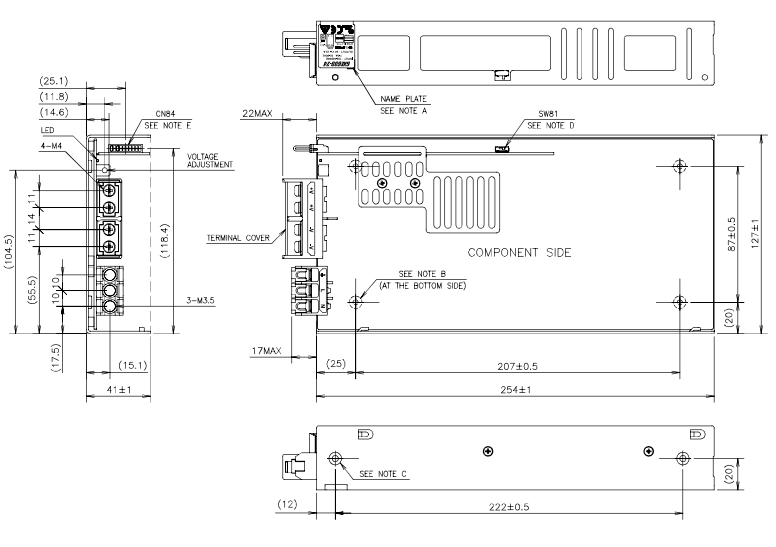 Mechanical Drawing - TDK-Lambda GXE600 Switching Power Supplies